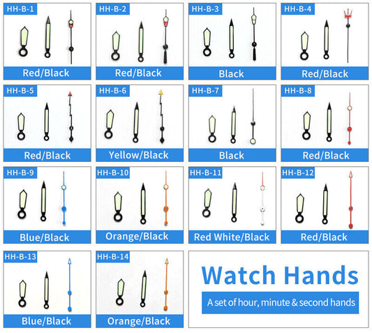 Luminous green watch hands set for NH35/NH36 movement, ideal for watch repair precision.