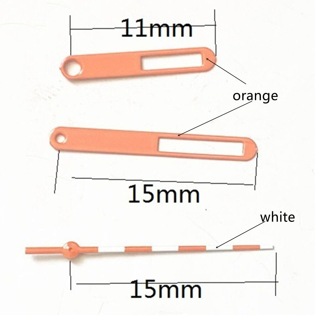 15mm hollow orange and white trim watch hands for Ronda 515 quartz movement, precise timekeeping accessory.