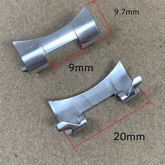 Stainless steel 20X9mm curved end links for secure watch band attachment.