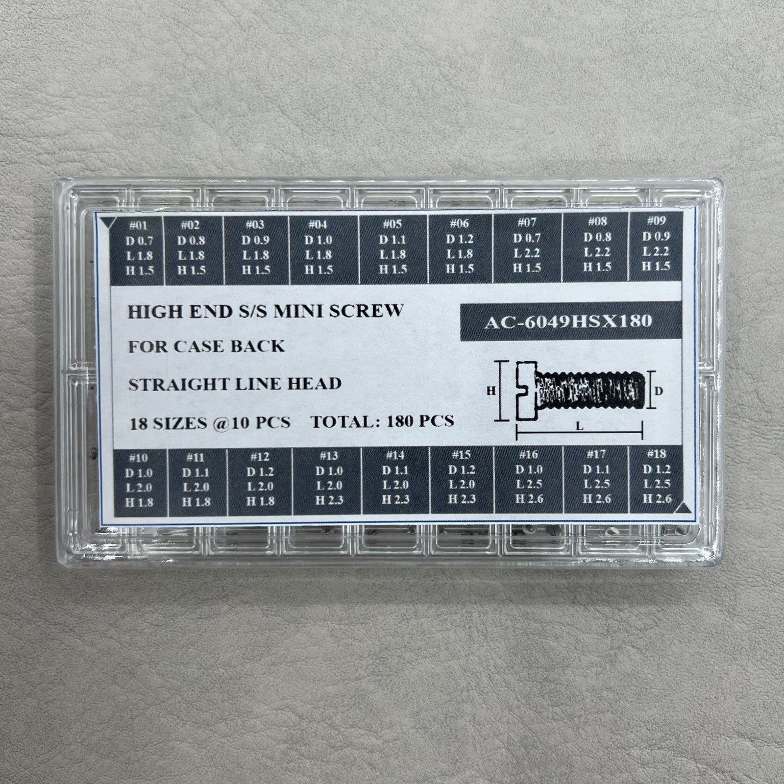 Set of 180 high-end stainless steel mini screws for case back, straight line head, various sizes.