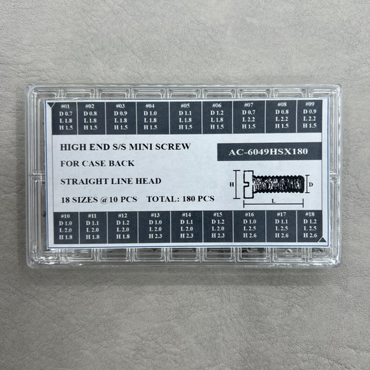 Set of 180 high-end stainless steel mini screws for case back, straight line head, various sizes.