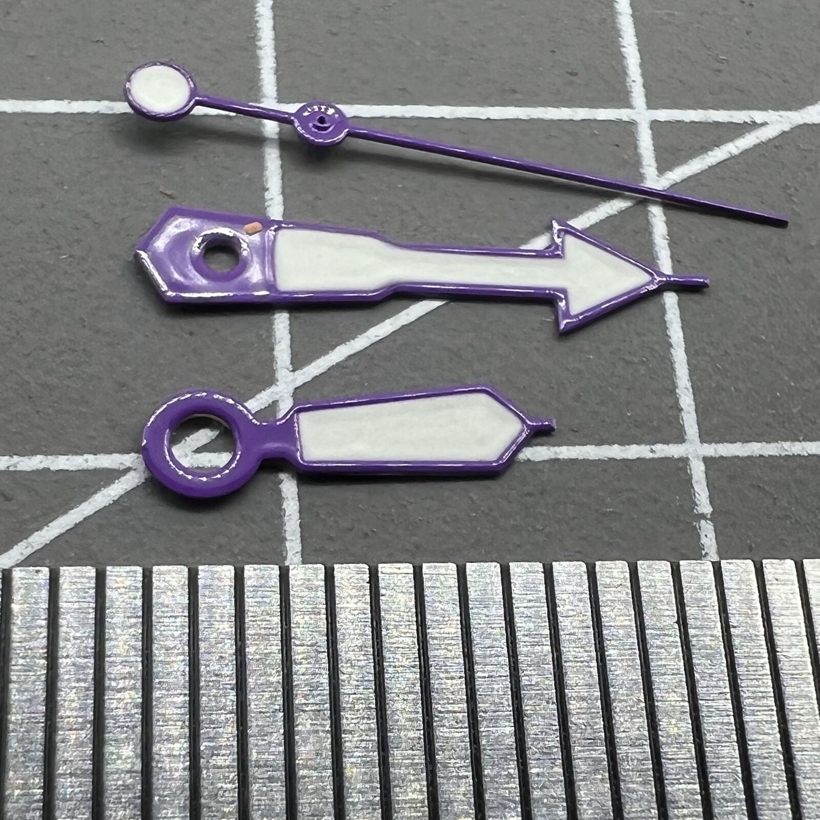 12.5mm purple-trimmed white painted watch hands with green lume for NH35 NH36 7S26 movements, Hattori brand.