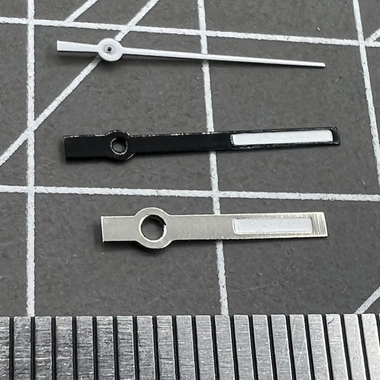 Black luminous watch hands for Miyota 2035 quartz movement; perfect for precise timekeeping and style.