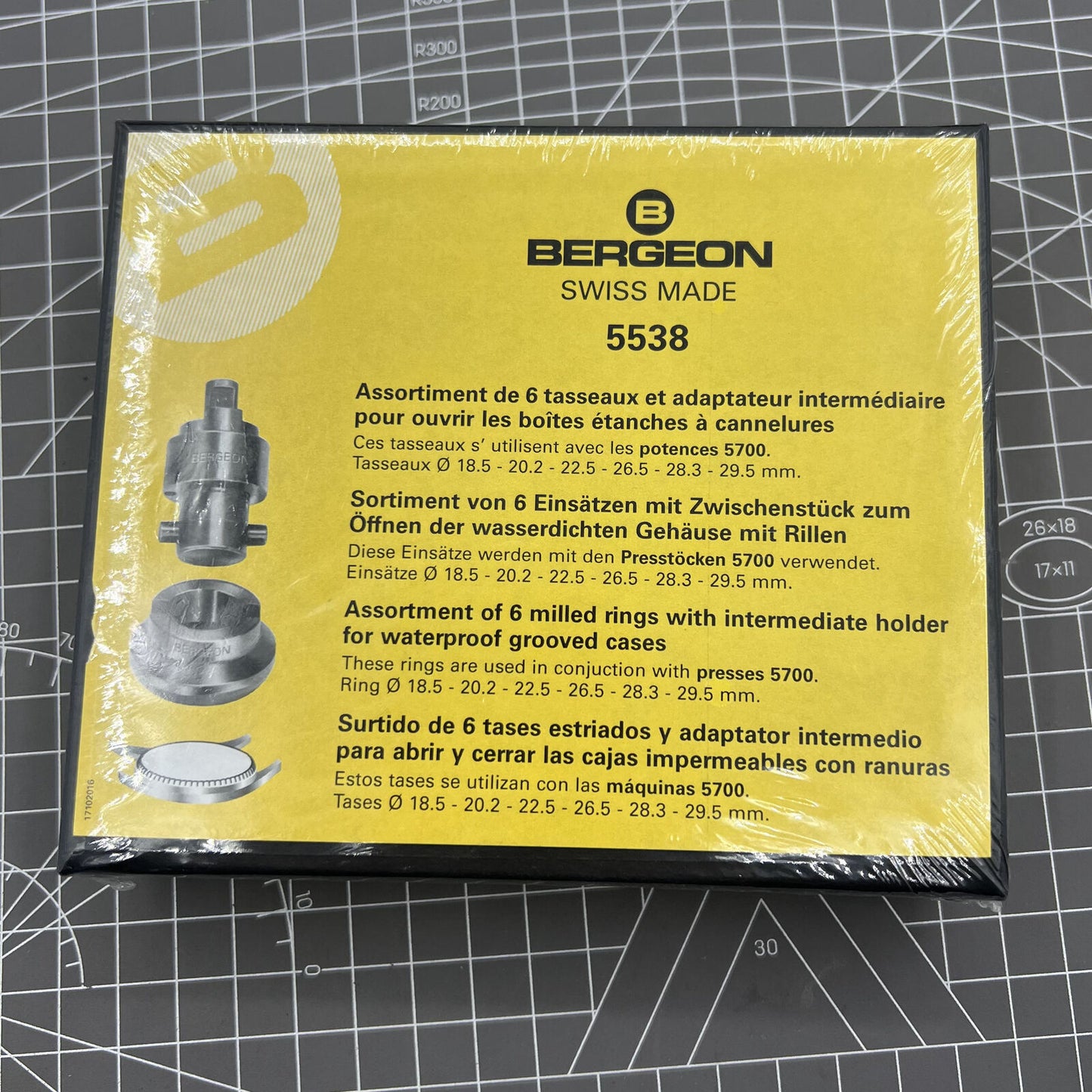 Bergeon 5538 6 Chucks with intermediate holder, precision tool for waterproof grooved watch cases.