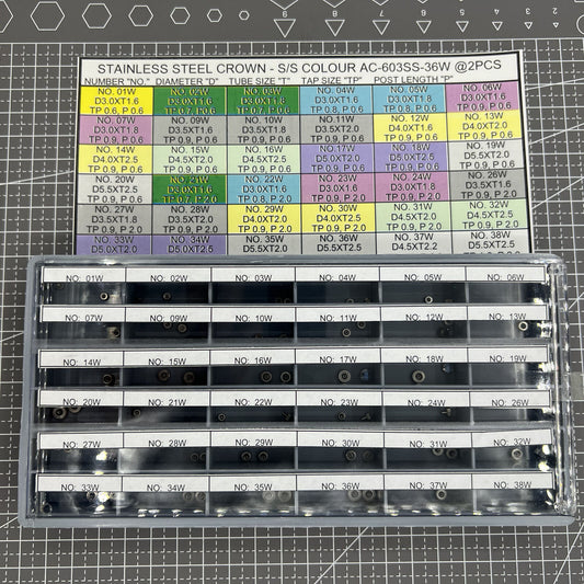Stainless steel watch crowns assortment kit, 72 pieces, 36 sizes for watch repairs and replacements.