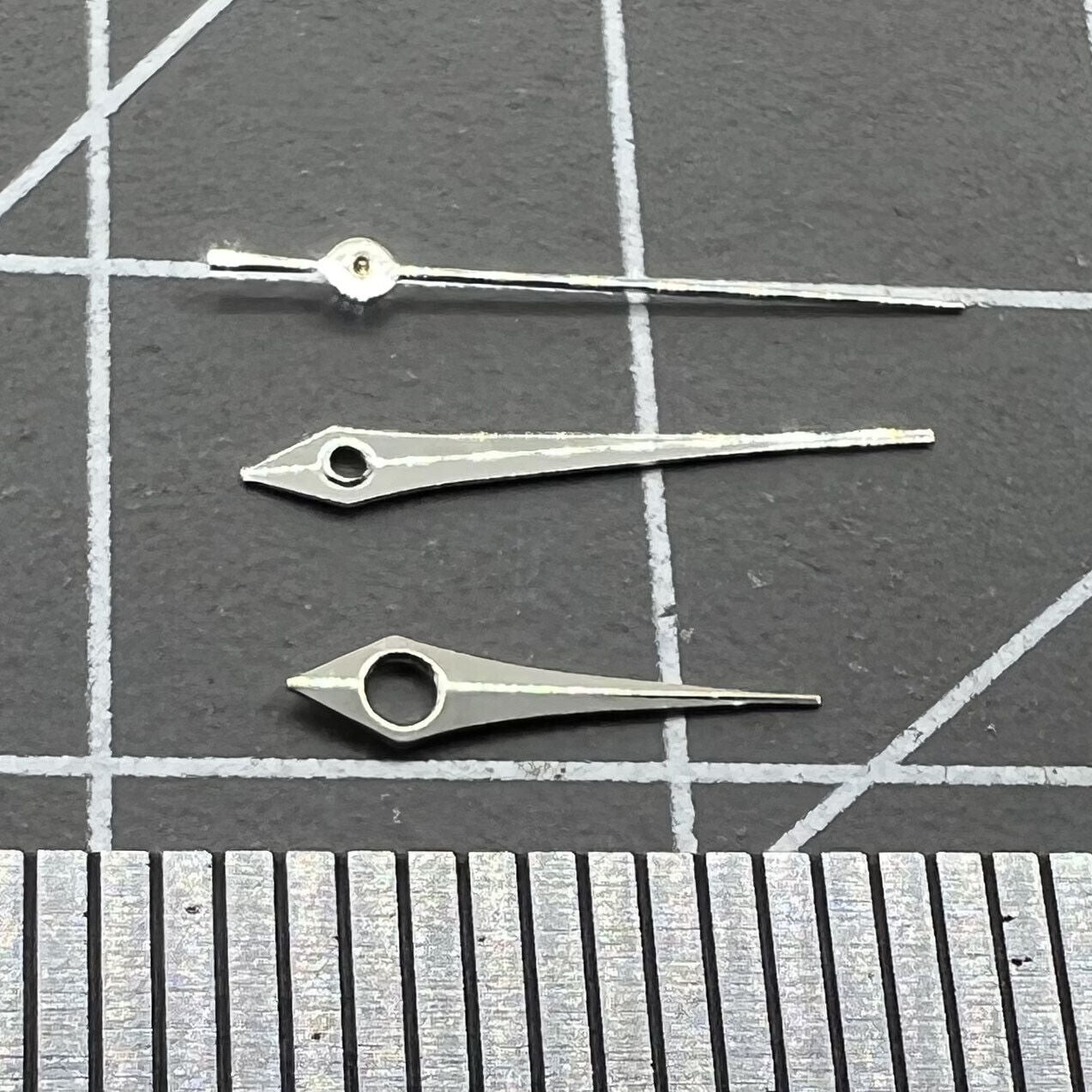 Silver long watch hands set without lume for Miyota 2035, 2115, 2105, 2305 movements, precise fit.
