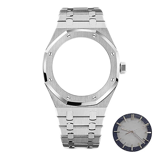 41MM NH70 watch case with black strap, silver dial, and custom watch hands for modification.