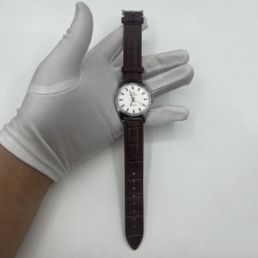 Shanghai Factory 38mm manual mechanical watch with white dial, 3 hands, 19 jewels for precise timekeeping.