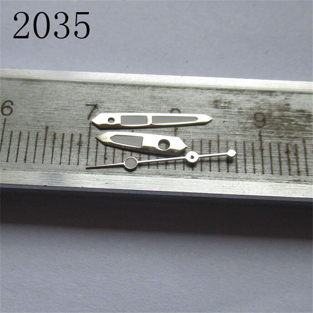 Green luminous watch hands for Miyota 2035 movement, improving low light readability.
