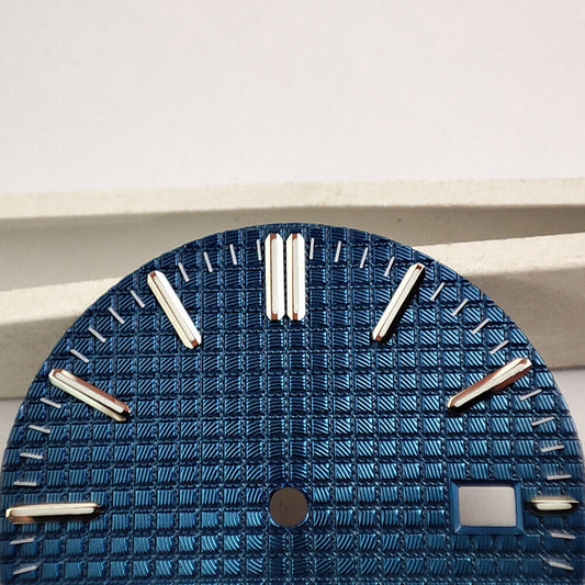 Green lume silver trim watch dial with blue check pattern, compatible with NH35 movement,.