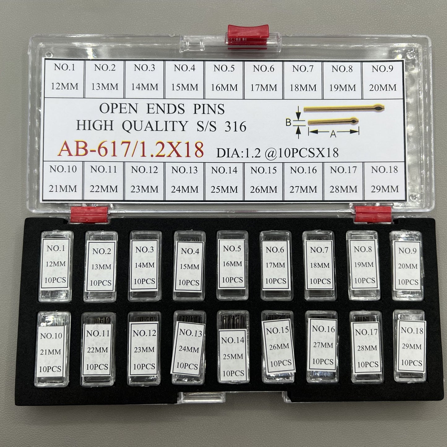 Kit de 180 broches à extrémité ouverte en acier inoxydable de 12 à 29 mm de diamètre et 1,2 mm de diamètre, 180 pièces/boîte