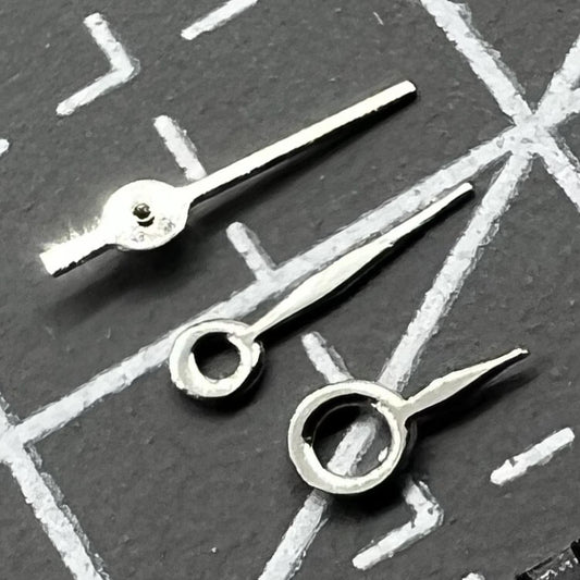 Silver watch hands set for Miyota 2035 movement, 7mm/6mm/4mm lengths, precision fit accessory.