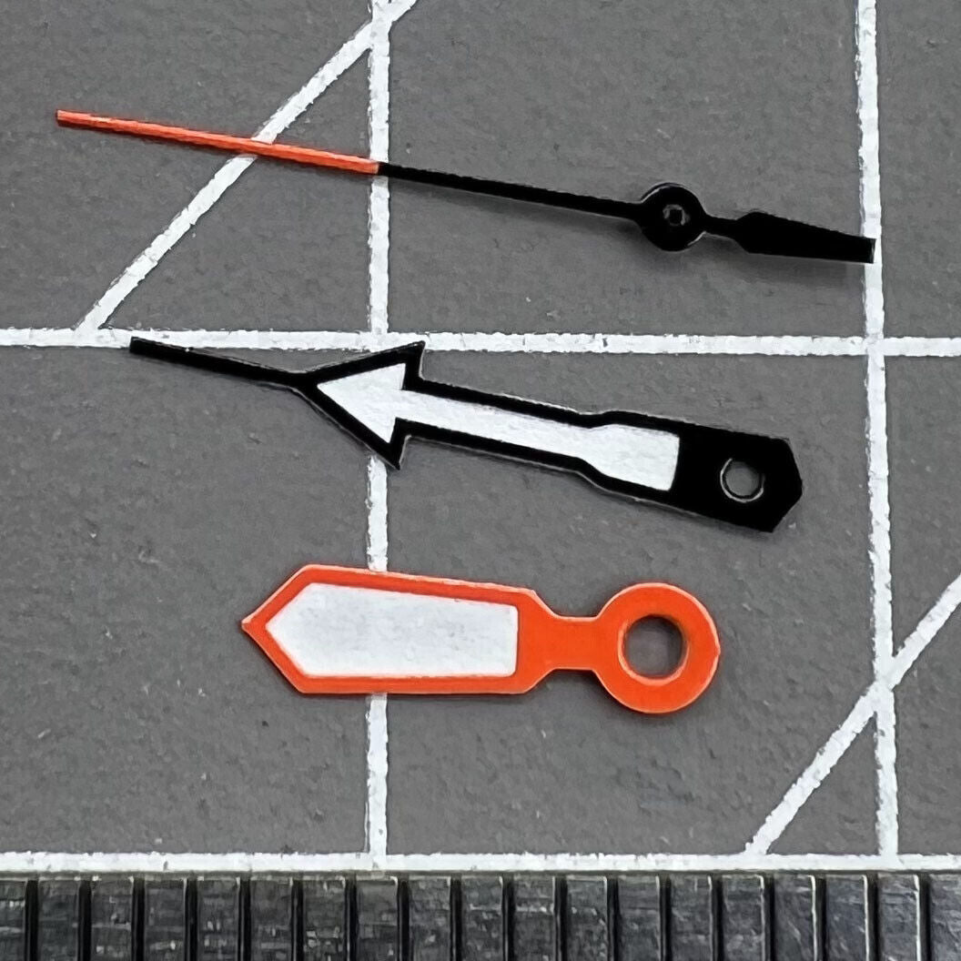 Orange and blue trimmed white watch hands fitting Miyota 2315 and 2035 movements.