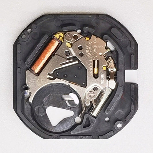 Japan Made watch accessory with black disk, yellow font, VX42E movement, single calendar at 3 o'clock.