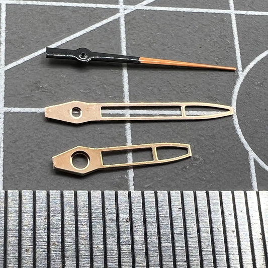 Rose gold trimmed 13mm hollow watch hands compatible with Miyota 2315, 2035, 2036, 2115, 2305 movements.