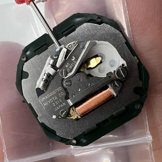 Black dial watch accessory featuring Miyota 2315 quartz movement with 3 hands and D3 stem.