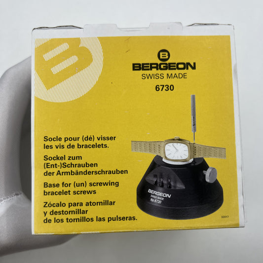 Bergeon 6730 tool for precise watch bracelet screw holding, fitting, and removal accessories.