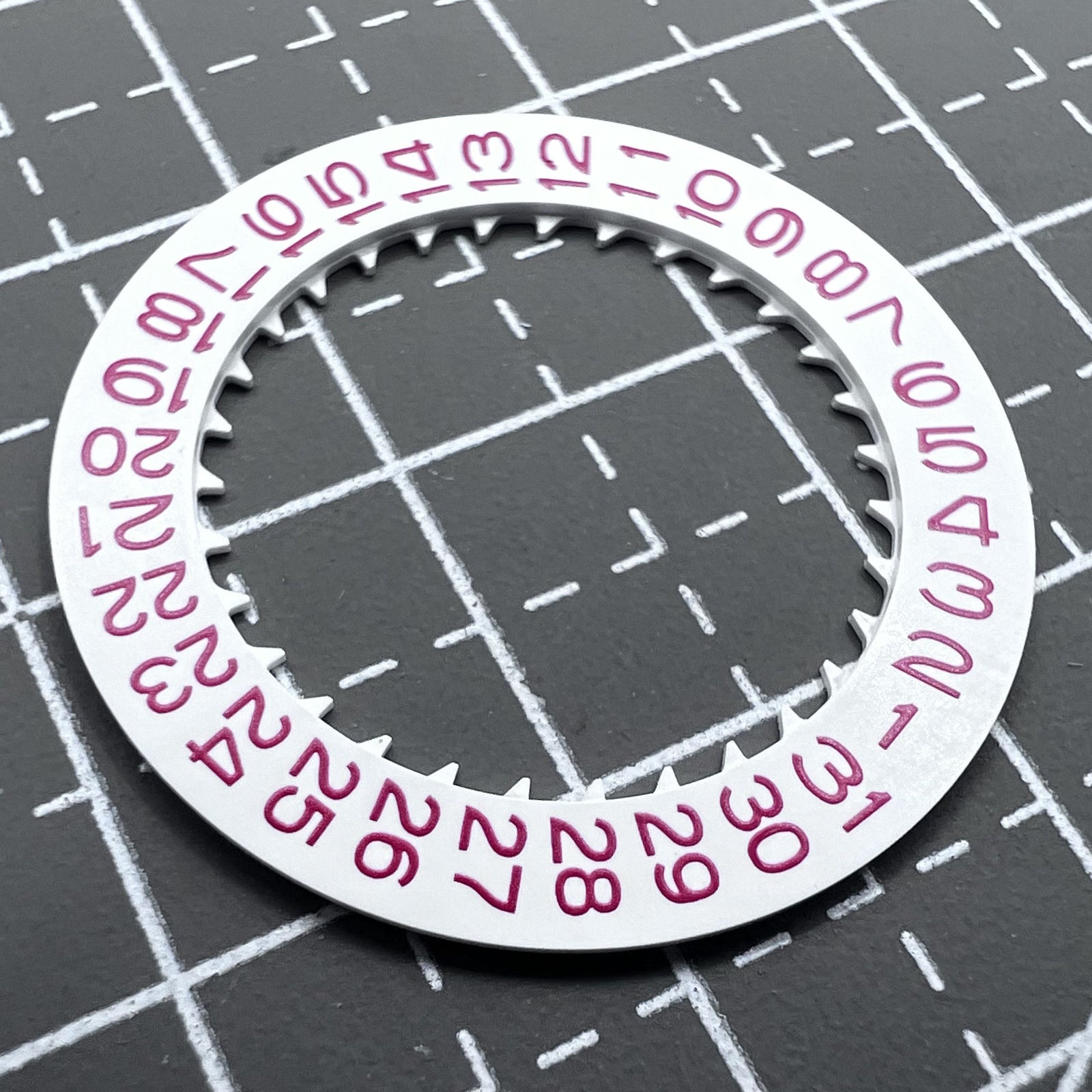Red date wheel for Seiko NH35 NH36 watch movement, date window at 3 o'clock position.