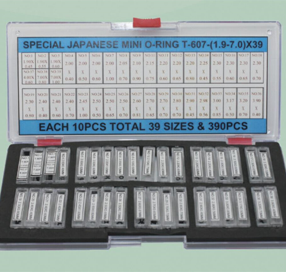 390pcs Japan waterproof mini O-ring kit, 39 sizes from 1.9-7mm for watch crown seals and repairs
