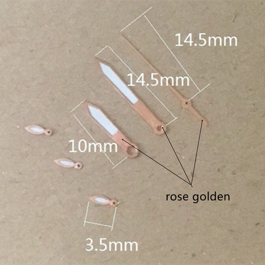 Rose gold trimmed white watch hands, 14.5mm size, compatible with Miyota OS10 OS20 OS60 OS80 movements.