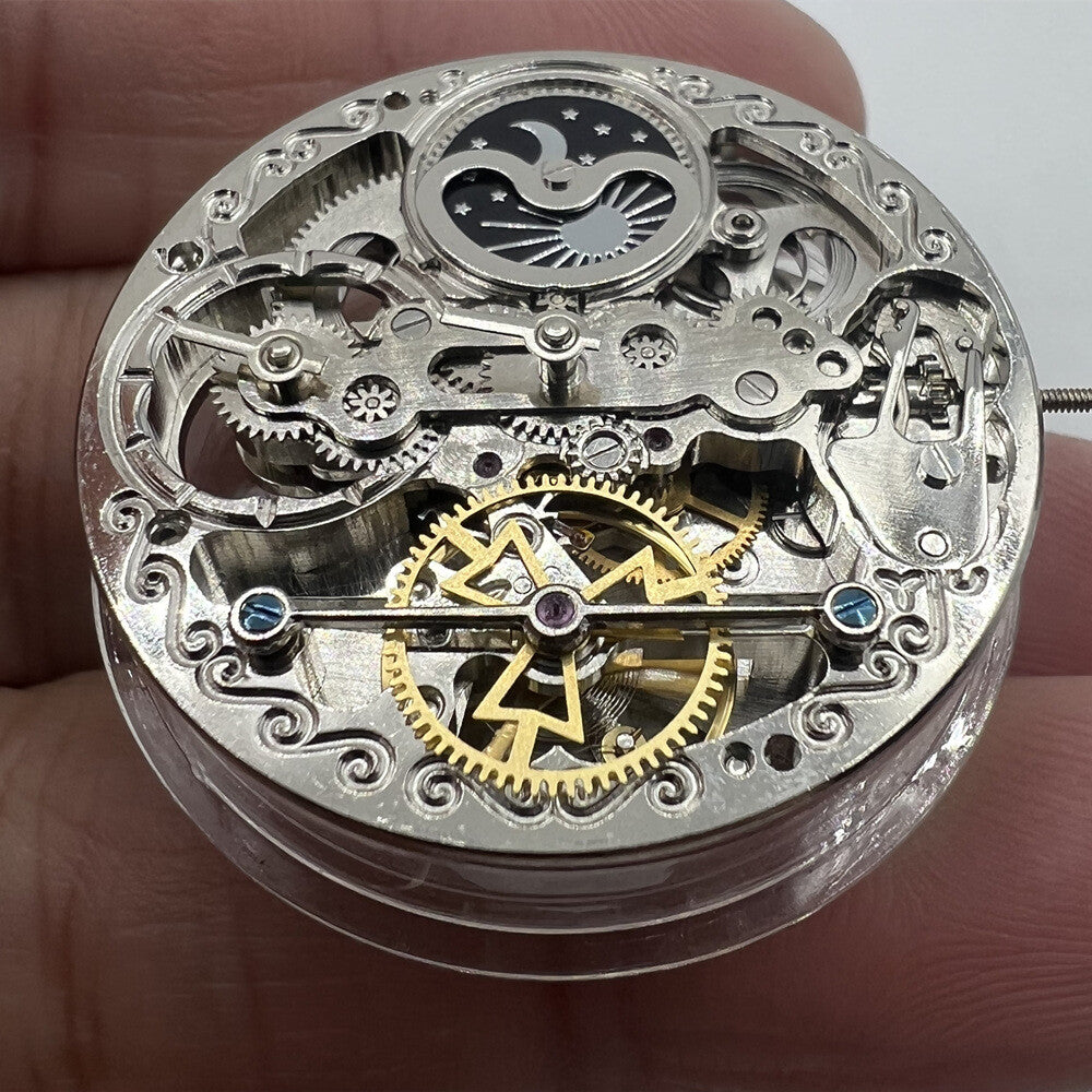 Double Mainspring mechanical watch with hollow dial, showcasing dual time zones and intricate craftsmanship.
