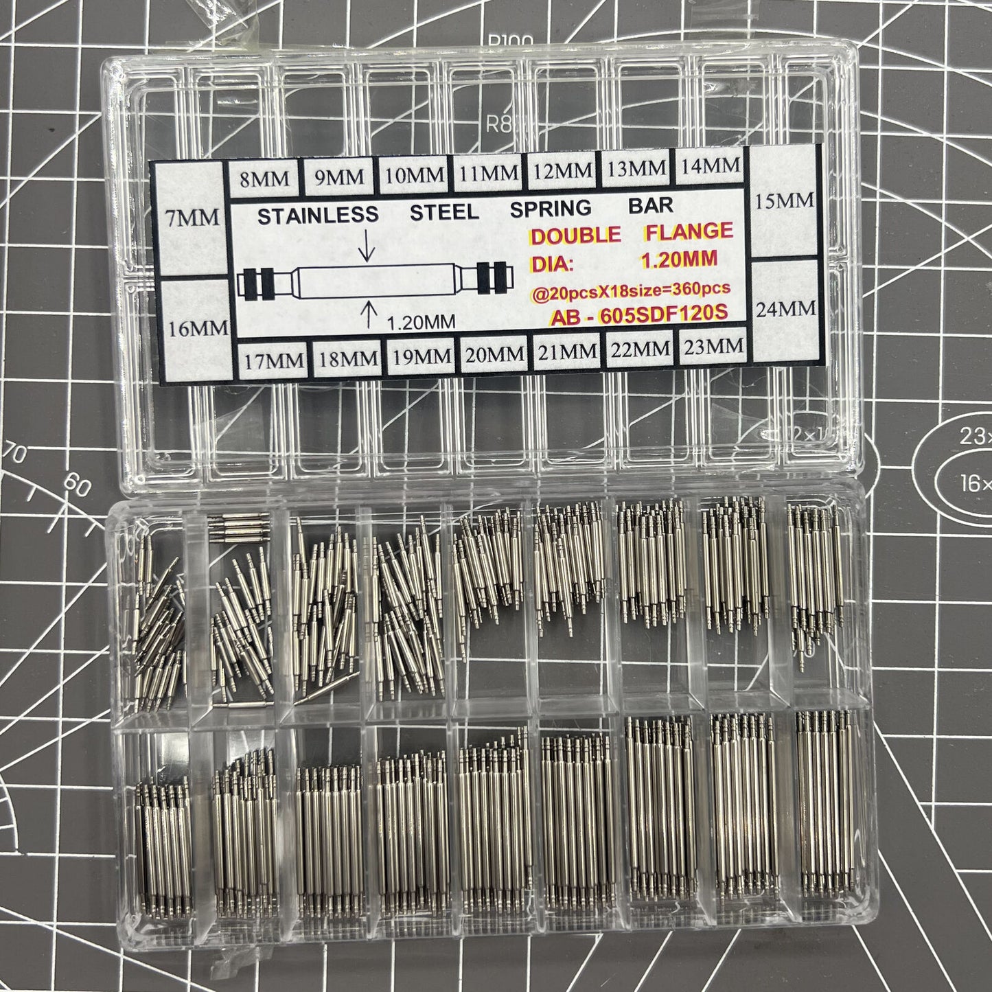 Double flange stainless steel watch spring bar kit, 18 sizes, 360 pieces