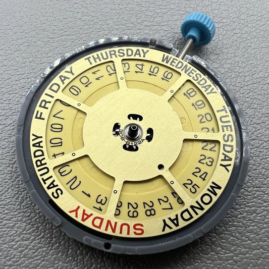 Ultrathin Miyota 6M55 quartz watch movement with yellow disk and 3 hands for precise timekeeping.