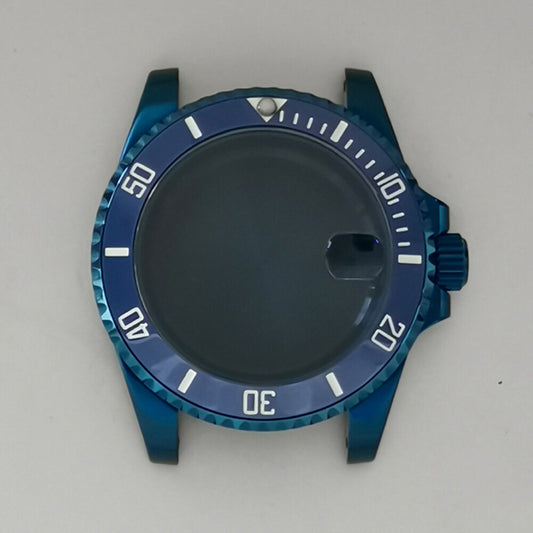 40MM blue flat magnifying glass watch case for NH35/NH36 movement, sleek design enhancing watch visibility.