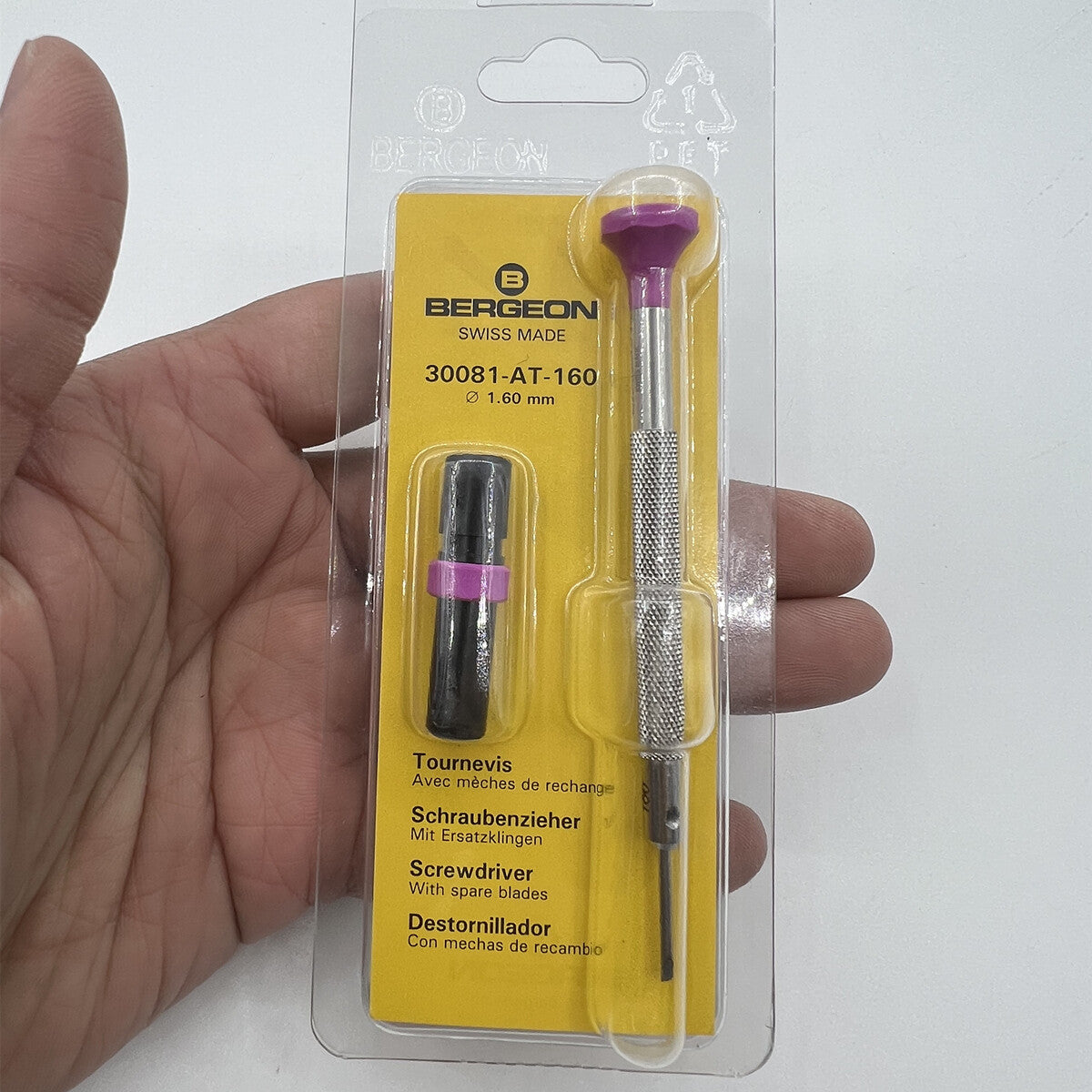 Bergeon 30081-AT-160 ergonomic 1.60mm screwdriver with spare blades for precise watch repairs.