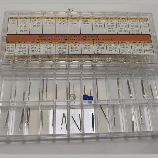 Stainless Steel ETA watch stems kit, 24 sizes, 48pcs for precise ETA movement repairs.