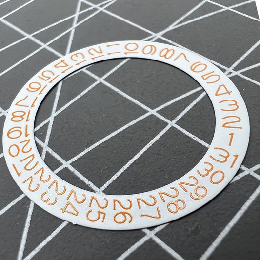 Orange date disk wheel for Miyota NH35 NH36 watches, date displayed at 3 o'clock position.