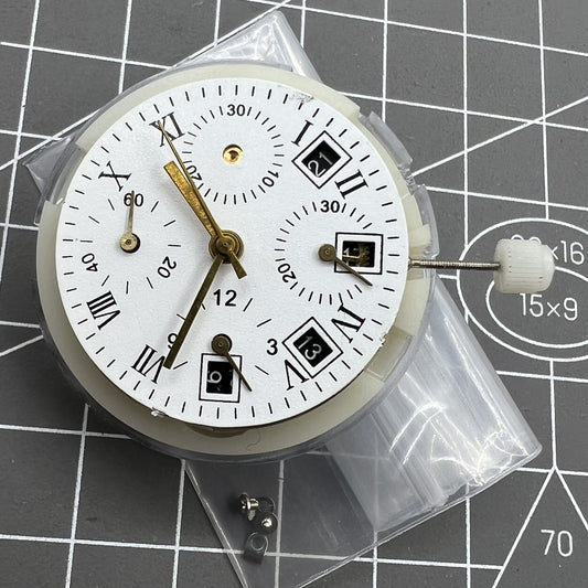 Automatic chronograph watch with ETA 7750 movement, black dial, calendar at 4:30, and seconds subdial at 9.