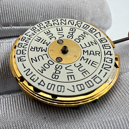 ESA9183 Swiss Made quartz watch movement with double calendar and 3 hands for precise timekeeping.