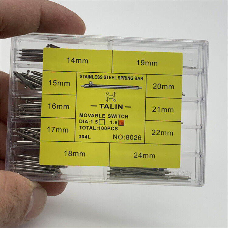 Stainless steel spring bars 14-24mm, ideal for secure watch strap repairs and replacements.