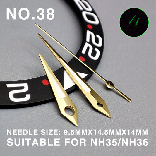 Arrow shape golden trim watch hands with lume, 14mm size, compatible with Miyota NH35/NH36/NH38 movements.