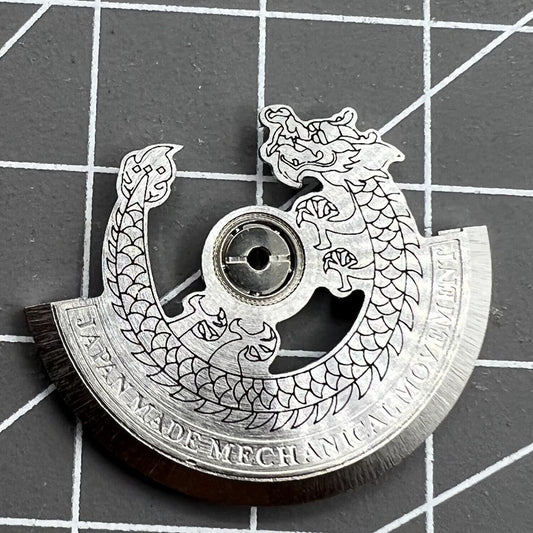 Silver Dragon carved rotor oscillating weight for NH35 NH36 watch movement, detailed craftsmanship.