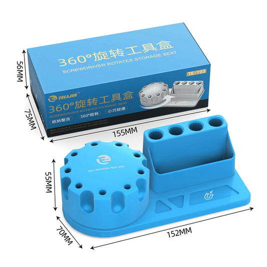 Compact desktop tool storage box for screwdrivers, pliers, and vice; organized by brand.