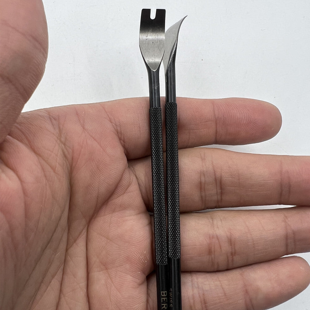 Bergeon 30012 precision 9mm watch hand levers for delicate watch repair tasks.