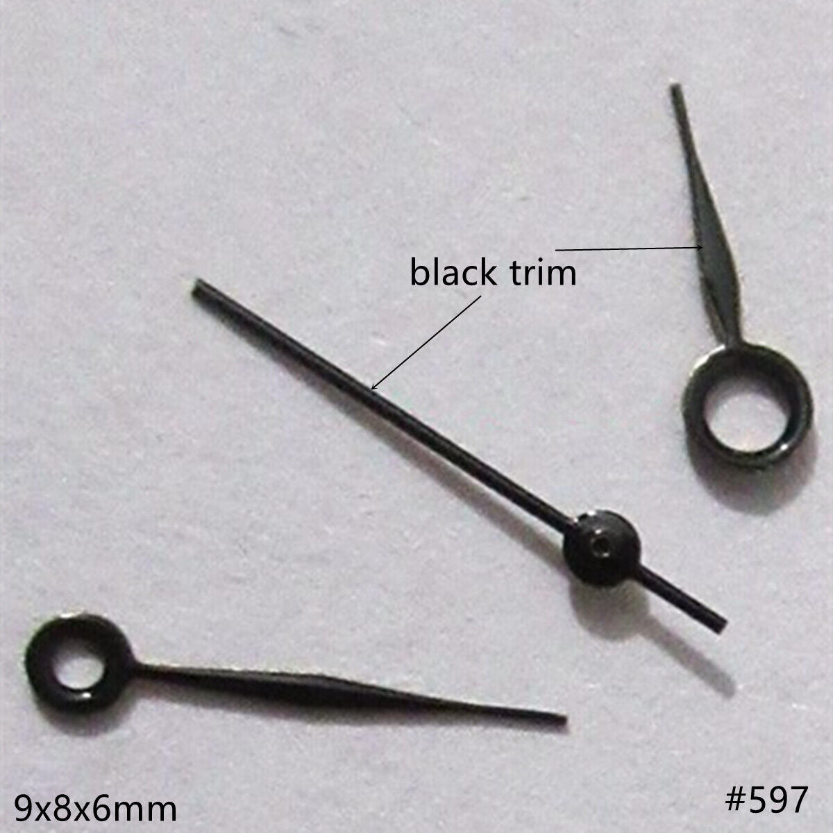 9mm black painted watch hands set compatible with Miyota 2035 movement, sleek design.