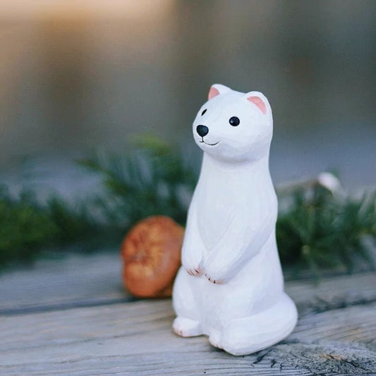 Handmade Lingweasel white weasel ferret wooden sculpture, detailed decorative collectible by Lingweasel.