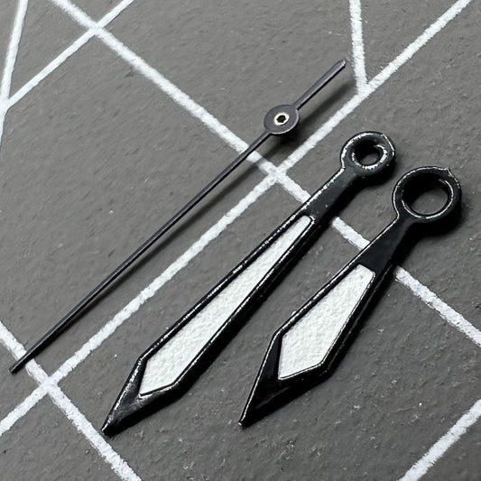 1. Two sets of 12mm black-trimmed white hands for Ronda 515 quartz watches.