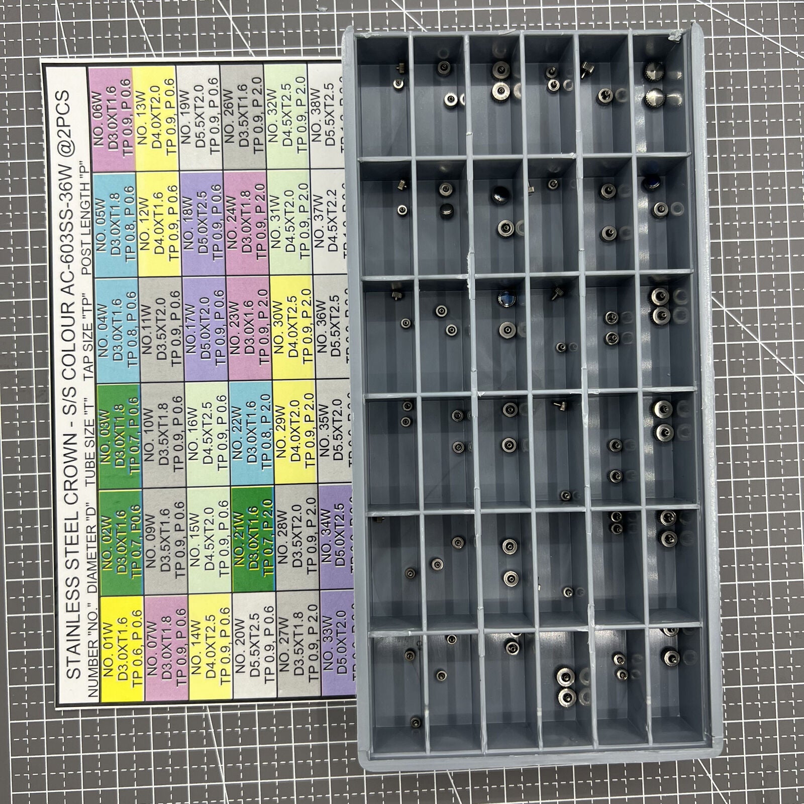 Stainless steel watch crowns assortment kit, 72 pieces, 36 sizes for watch repairs and replacements.