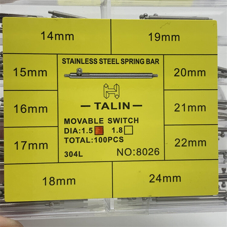 Stainless steel spring bars 14-24mm for watch repair, durable and precise.