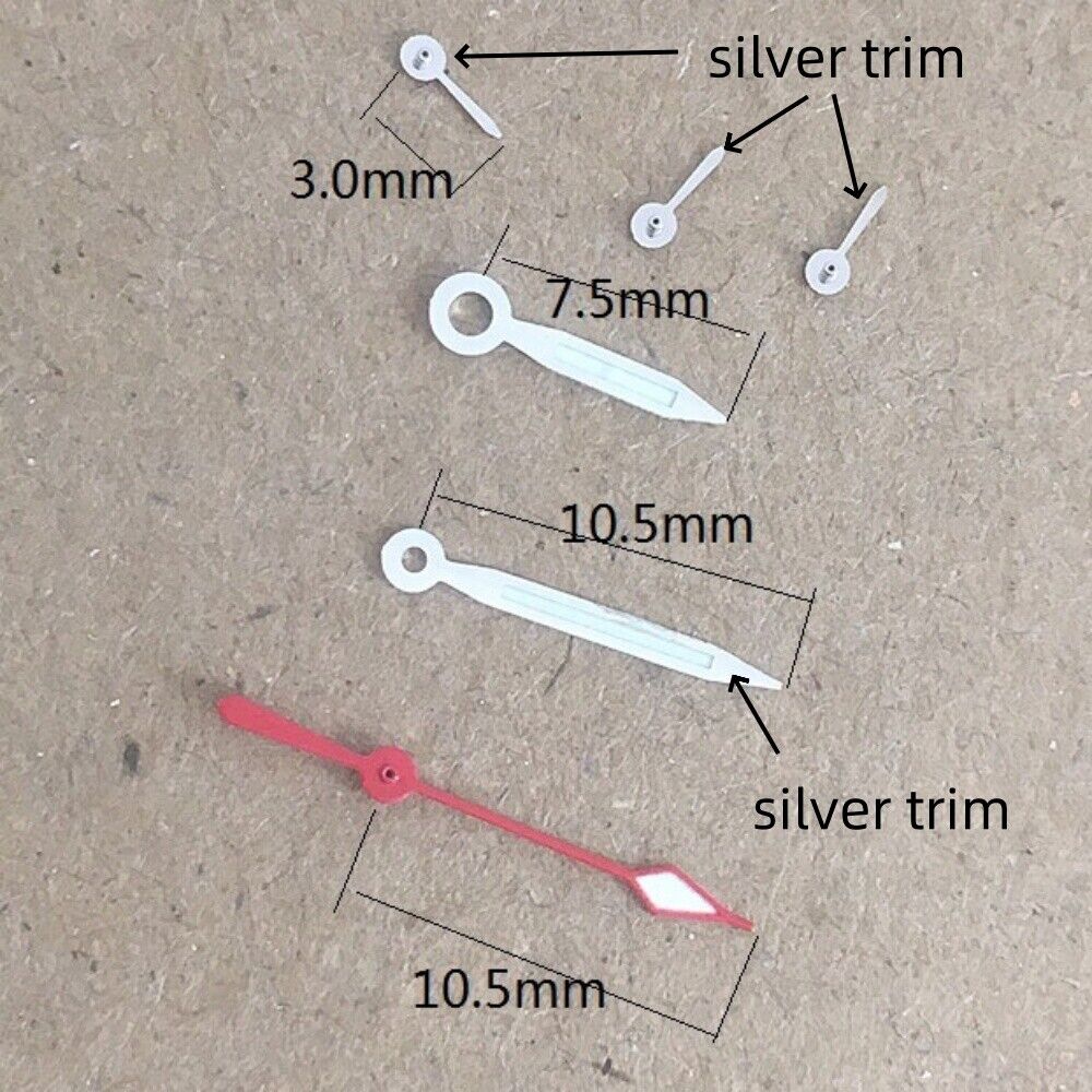 Set of 6 silver-trimmed green luminous watch hands, 10.5mm, for China Made 7120 movement, enhancing watch readability.
