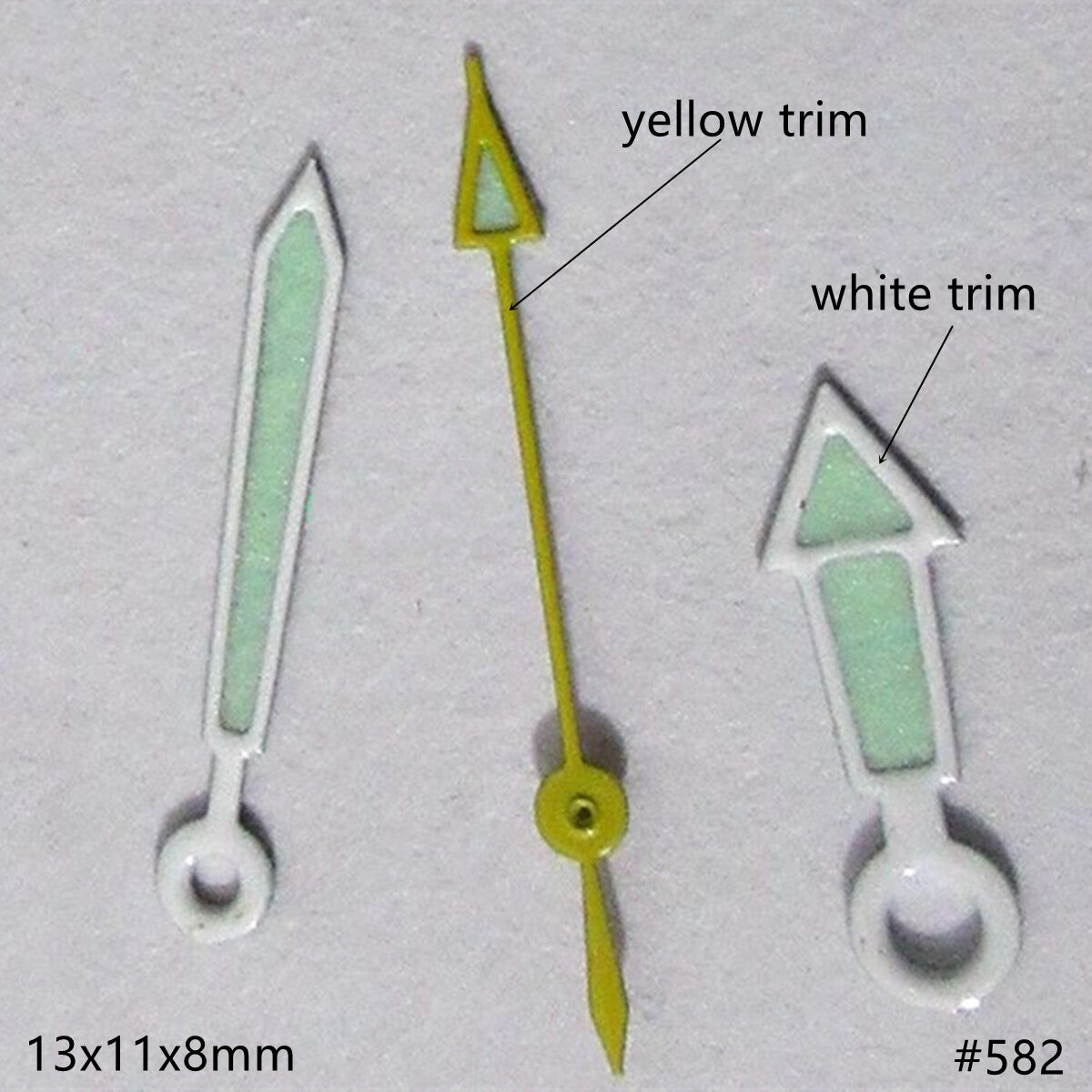 13 mm hohle weiße + gelbe Zierleiste mit grüner Leuchtmasse, Uhrzeiger-Set für Miyota 2035 2115