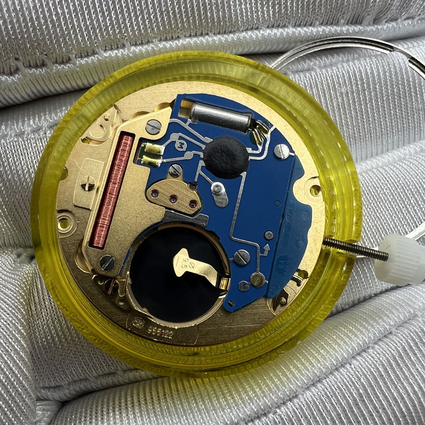 Swiss Made ETA 955.122 quartz watch movement with double calendar, three hands for accurate timekeeping and durability.