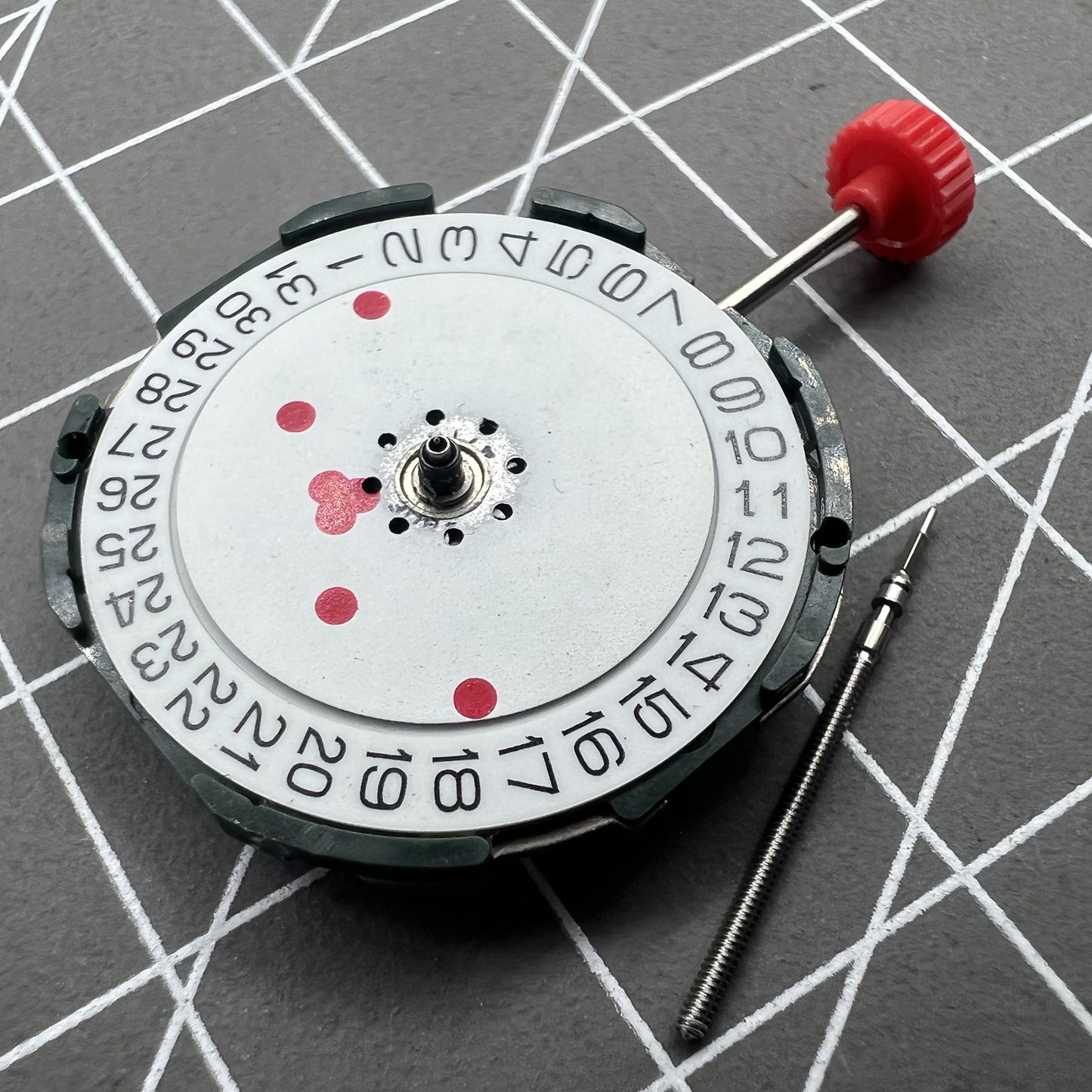 Miyota 2105 Quartz Movement 3 Hands Single Calendar White Dial with Red Points