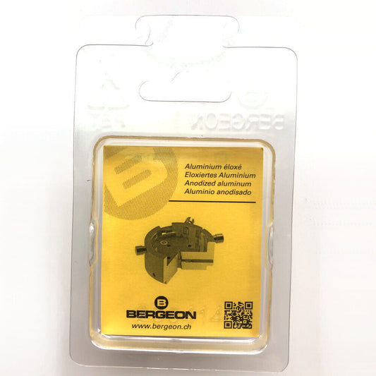 Bergeon 7100 holder securing ETA 280.002 watch movement for precise repair and assembly.