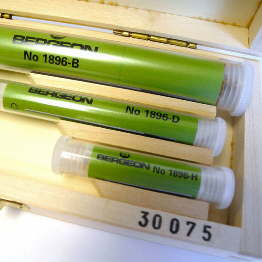 Bergeon 30075 smoothing broaches set in wooden box, precision Swiss watchmaking tools �2.80-0.33mm.