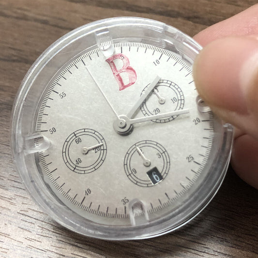 China Made 7750 automatic chronograph watch movement with single calendar at 6 and seconds subdial at 9, ETA style.